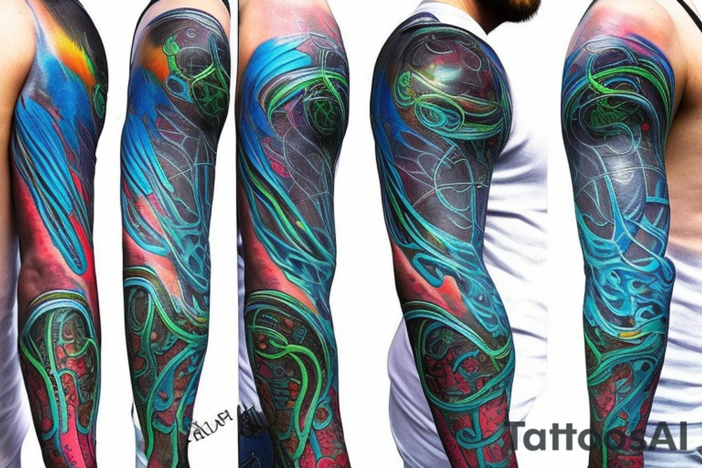 sci-fi tattoo with neon blue rings and interconnected vasculature that goes on the shoulder tattoo idea