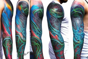 sci-fi tattoo with neon blue rings and interconnected vasculature that goes on the shoulder tattoo idea