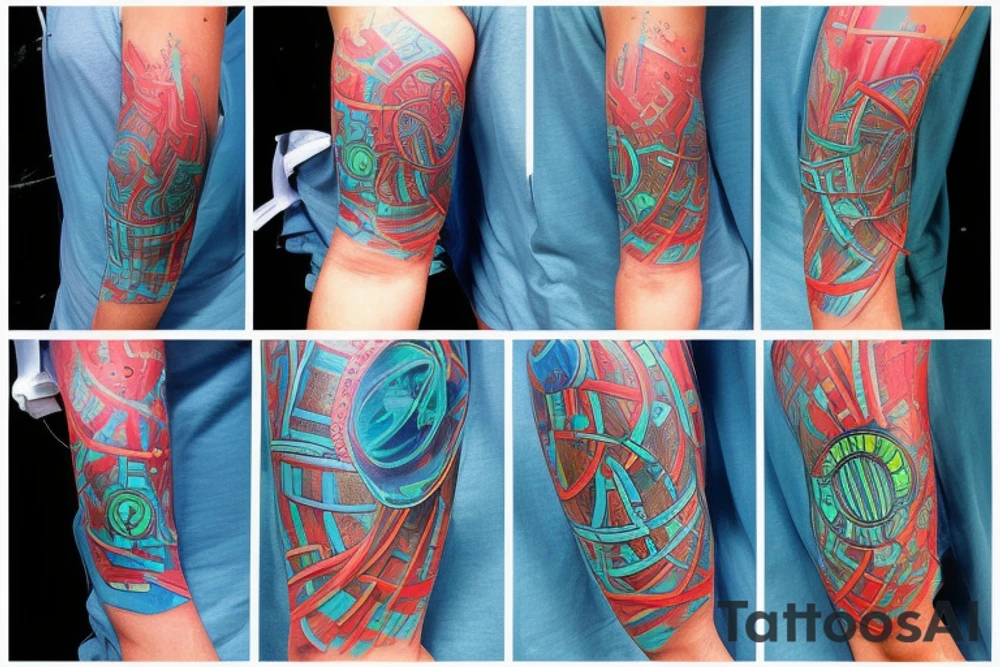 sci-fi tattoo with neon blue rings and interconnected vasculature that goes on the shoulder tattoo idea