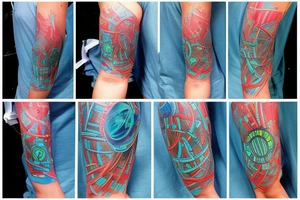 sci-fi tattoo with neon blue rings and interconnected vasculature that goes on the shoulder tattoo idea