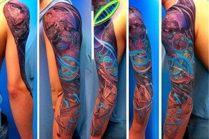 sci-fi tattoo with neon blue rings and interconnected vasculature that goes on the shoulder, but still exposes lots of skin tattoo idea