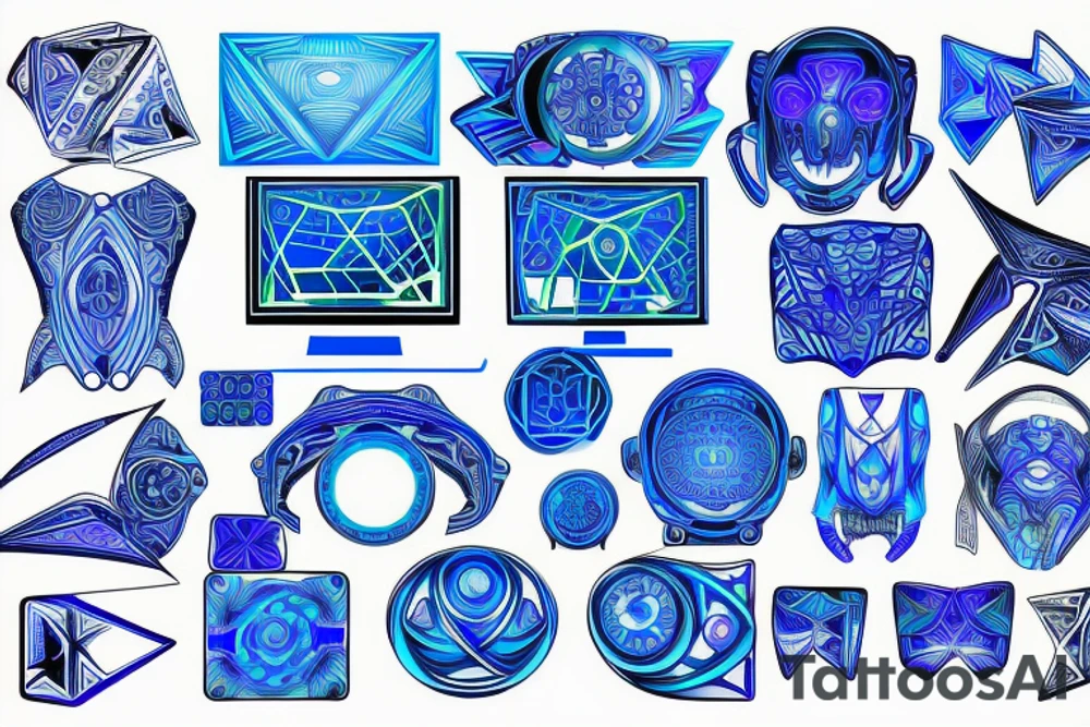 computer geometric design, glowing blue, that goes on the shoulder tattoo idea