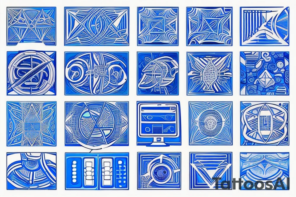 computer geometric design, glowing blue, that goes on the shoulder tattoo idea