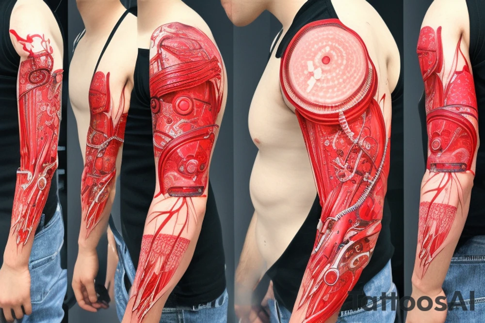 bio-robotic mechanism on the shoulder with glowing red vasculature tattoo idea