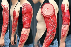 bio-robotic mechanism on the shoulder with glowing red vasculature tattoo idea