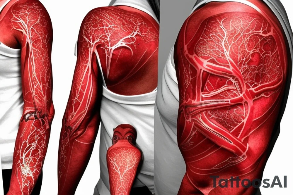 bio-robotic mechanism on the shoulder with glowing red vasculature tattoo idea