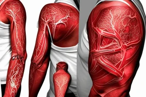 bio-robotic mechanism on the shoulder with glowing red vasculature tattoo idea