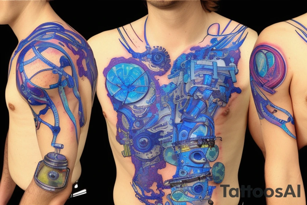 bio-robotic mechanism on the shoulder with glowing blue vasculature tattoo idea