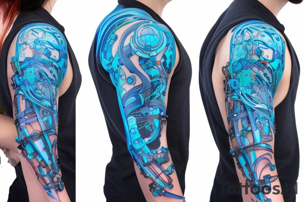bio-robotic mechanism on the shoulder with glowing blue vasculature tattoo idea