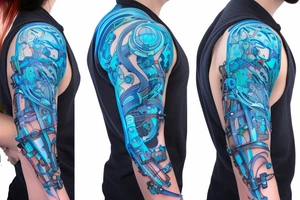bio-robotic mechanism on the shoulder with glowing blue vasculature tattoo idea