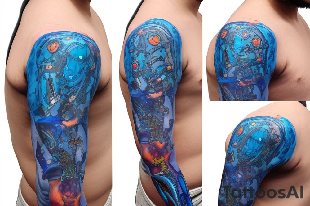 bio-robotic mechanism on the shoulder with glowing blue vasculature tattoo idea