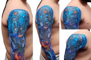 bio-robotic mechanism on the shoulder with glowing blue vasculature tattoo idea