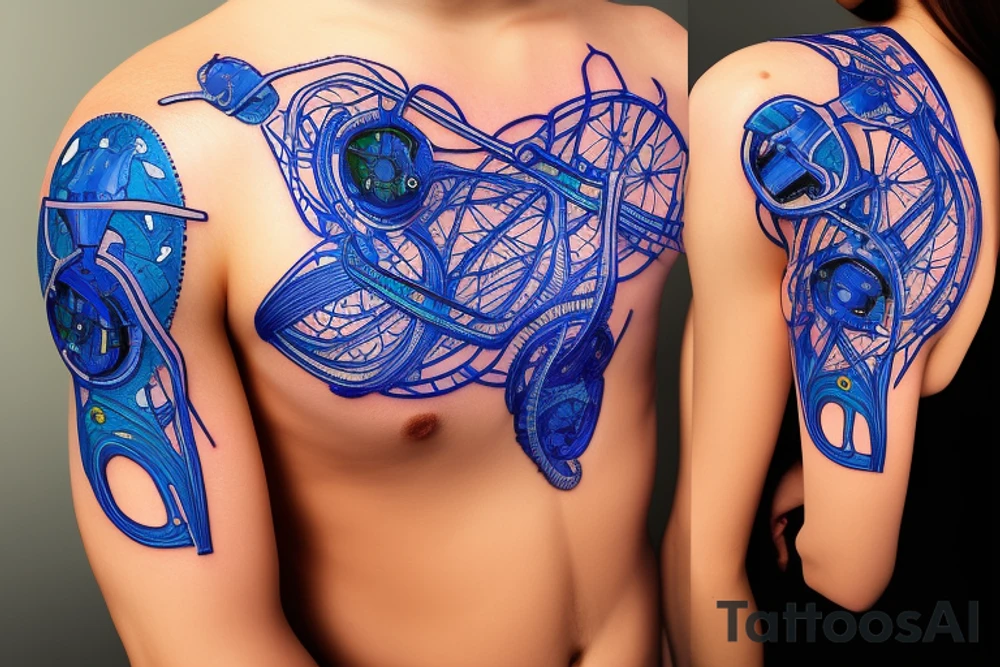 minimalist bio-robotic mechanism on the shoulder with glowing blue vasculature tattoo idea