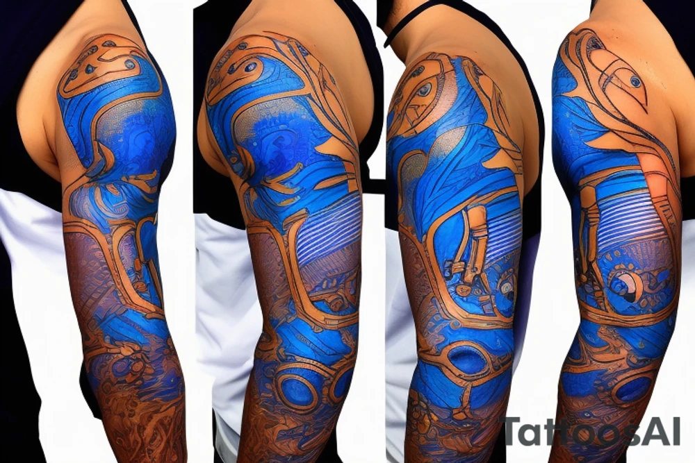 minimalist bio-robotic mechanism on the shoulder with glowing blue vasculature tattoo idea
