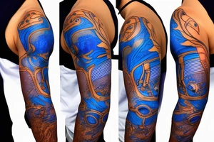 minimalist bio-robotic mechanism on the shoulder with glowing blue vasculature tattoo idea