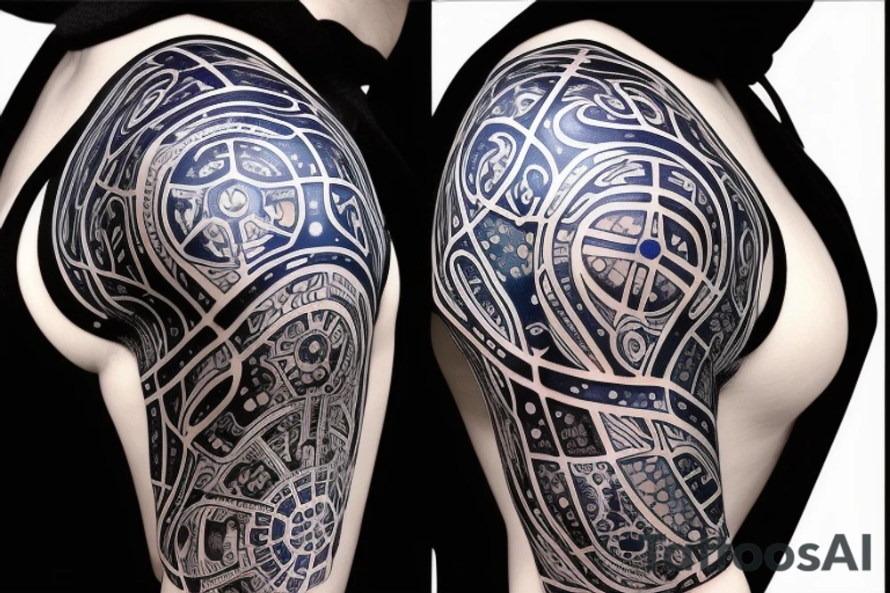 minimalist bio-robotic mechanism on the shoulder with glowing blue vasculature tattoo idea