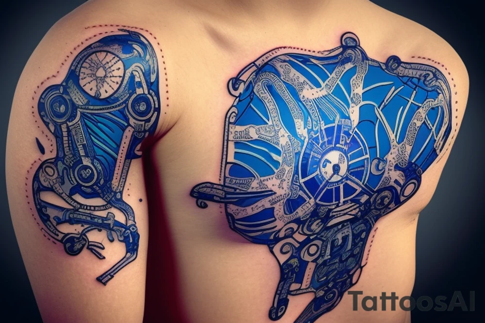 minimalist bio-robotic mechanism on the shoulder with glowing blue vasculature tattoo idea