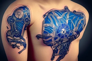 minimalist bio-robotic mechanism on the shoulder with glowing blue vasculature tattoo idea