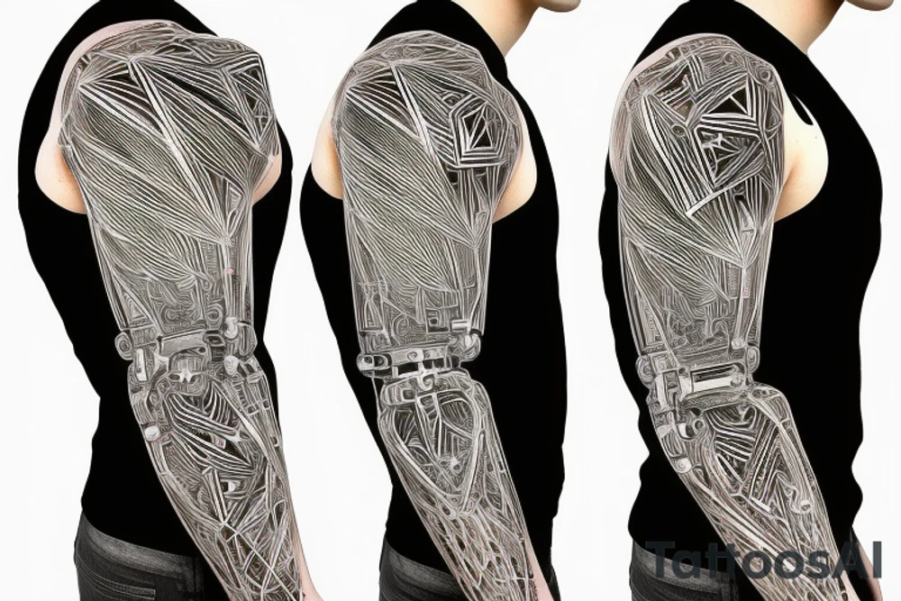 minimalist bio-robotic geometric mechanism on the shoulder with glowing neon fibers tattoo idea