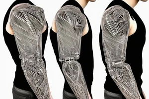 minimalist bio-robotic geometric mechanism on the shoulder with glowing neon fibers tattoo idea
