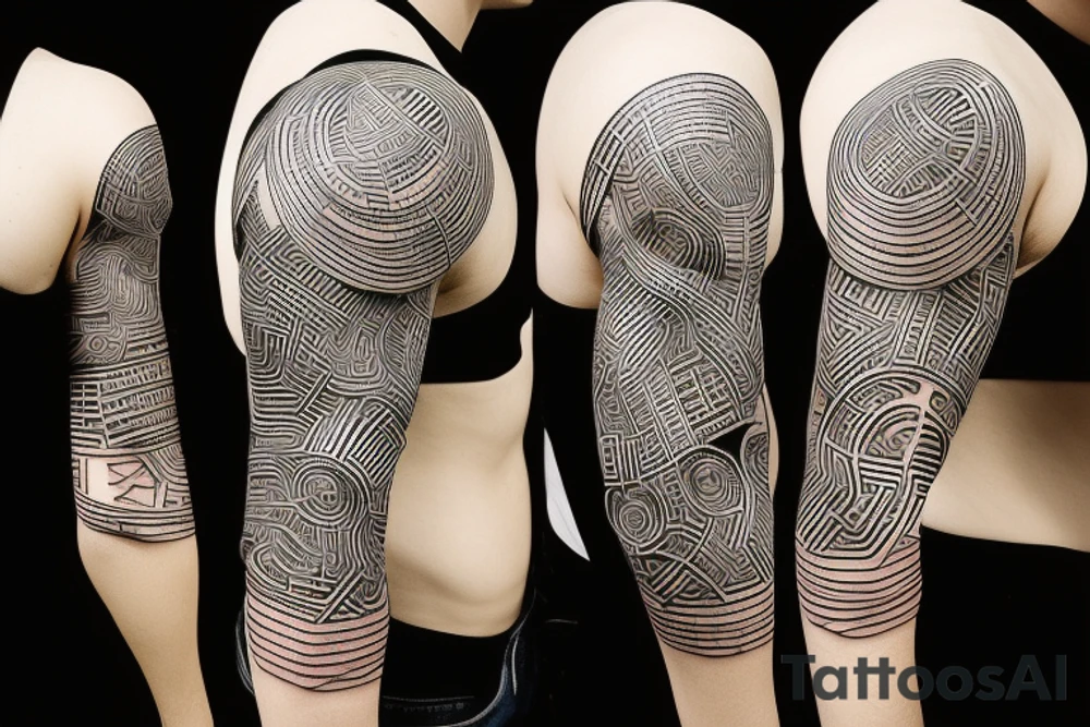 minimalist bio-robotic geometric mechanism on the shoulder with glowing neon fibers tattoo idea