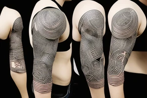 minimalist bio-robotic geometric mechanism on the shoulder with glowing neon fibers tattoo idea