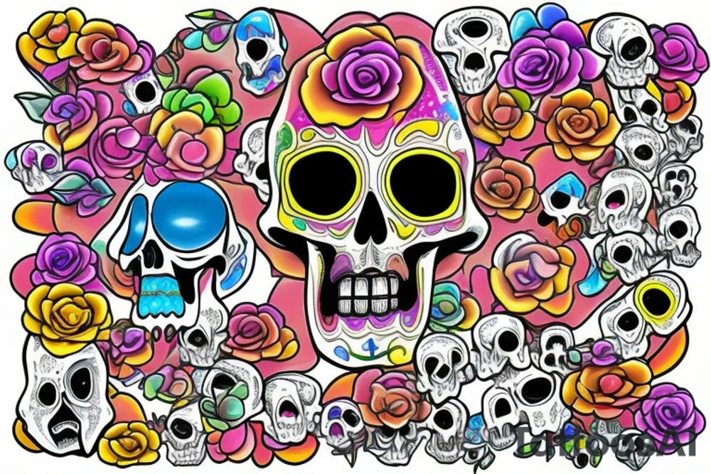 Colorful Melting skull will jewels tattoo idea