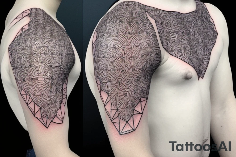 glowing biological cells coming together in a geometric pattern on the shoulder tattoo idea