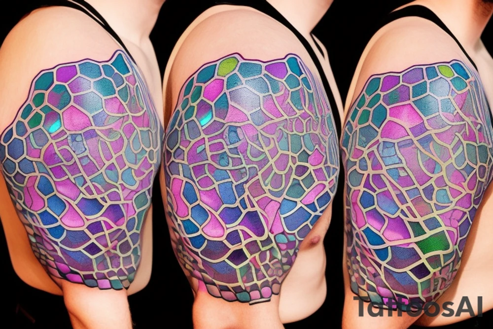 glowing biological cells coming together in a voronoi pattern on the shoulder tattoo idea
