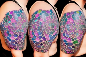 glowing biological cells coming together in a voronoi pattern on the shoulder tattoo idea