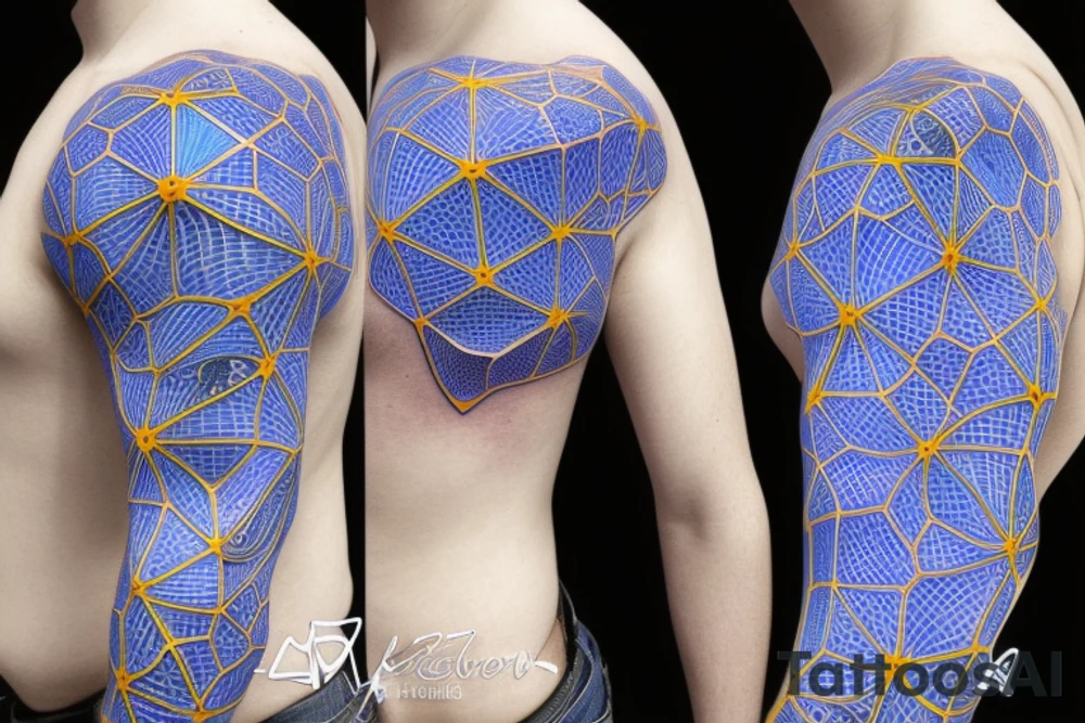 glowing blue biological cells coming together in a voronoi pattern on the shoulder tattoo idea
