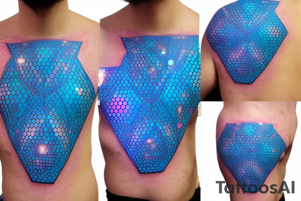 glowing blue robot cells coming together in a voronoi pattern on the shoulder tattoo idea