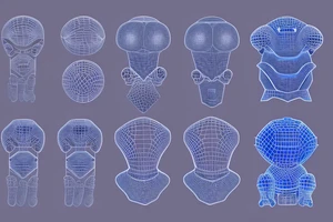 glowing blue robot cells coming together in a voronoi pattern on the shoulder tattoo idea