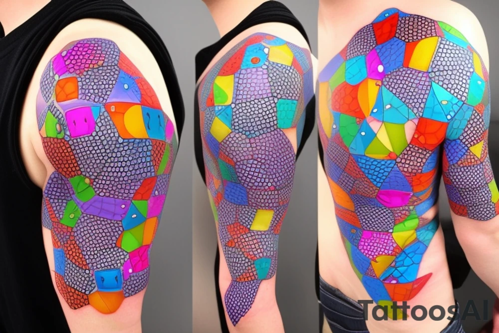 glowing multicolor robot cells coming together in a voronoi pattern on the shoulder tattoo idea