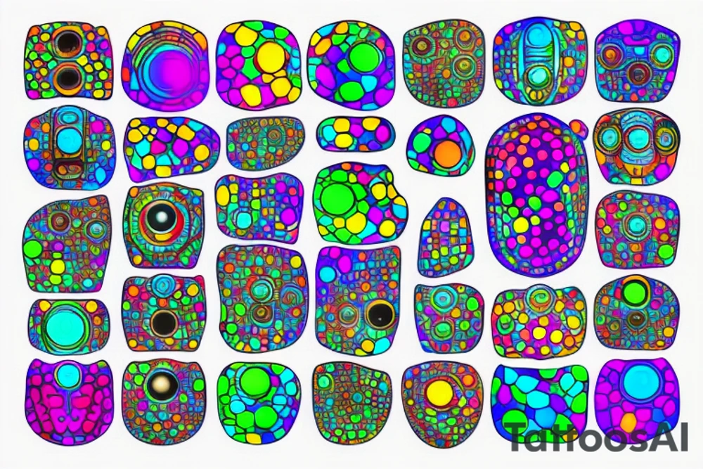 glowing multicolor robot cells coming together in a voronoi pattern on the shoulder tattoo idea