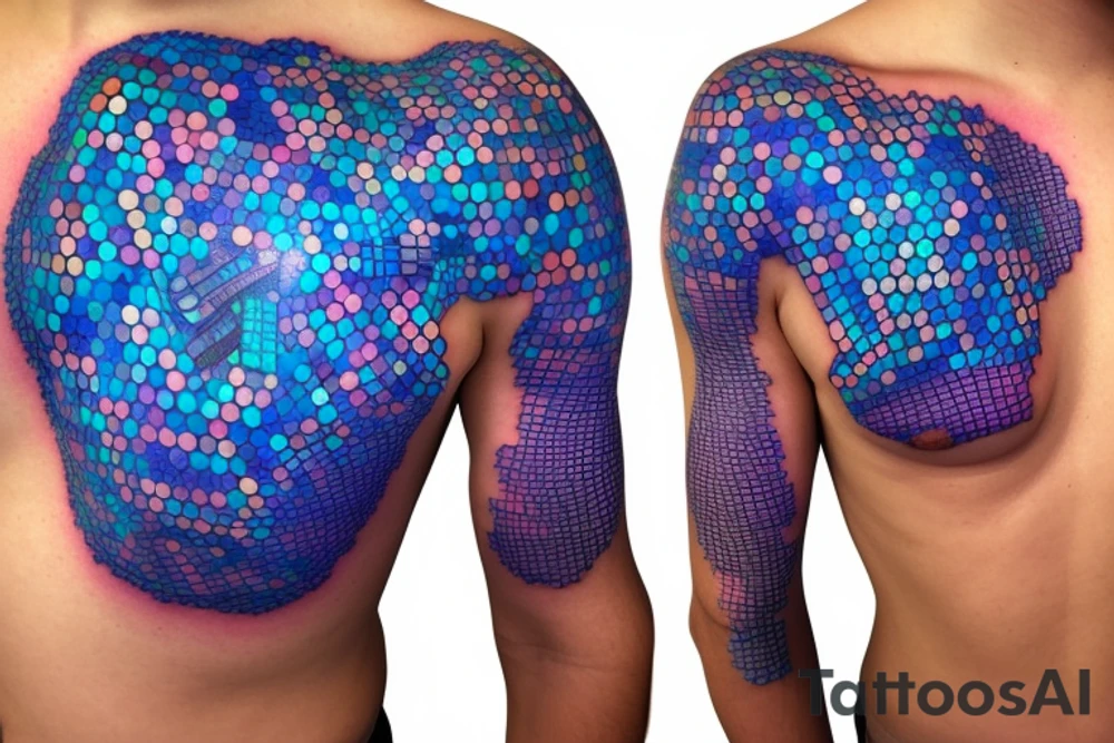glowing blue robot cells coming together in a voronoi pattern on the shoulder with embedded vasculature tattoo idea