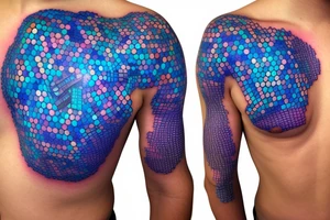 glowing blue robot cells coming together in a voronoi pattern on the shoulder with embedded vasculature tattoo idea