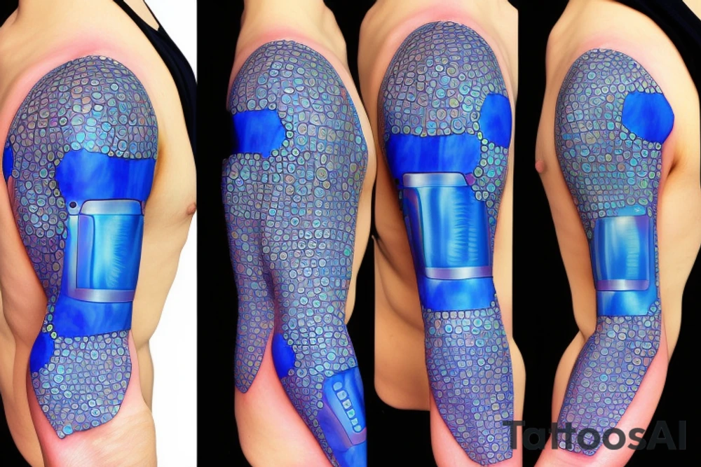 glowing blue robot cells coming together in a voronoi pattern on the shoulder with embedded vasculature tattoo idea