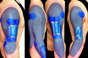 glowing blue robot cells coming together in a voronoi pattern on the shoulder with embedded vasculature tattoo idea