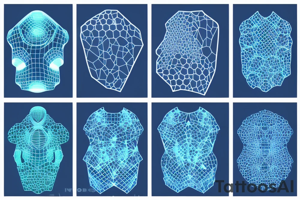 glowing blue robots coming together in a voronoi pattern on the shoulder with embedded vasculature tattoo idea