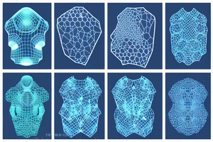 glowing blue robots coming together in a voronoi pattern on the shoulder with embedded vasculature tattoo idea