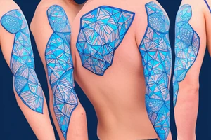 glowing blue robots coming together in a voronoi pattern on the shoulder with embedded vasculature tattoo idea