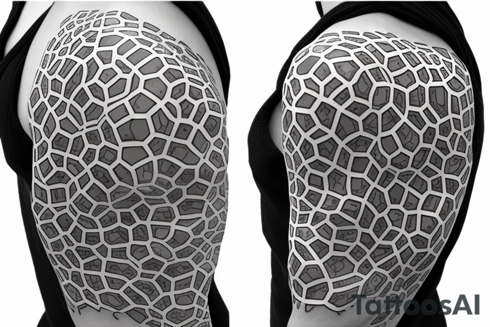 glowing robots coming together in a voronoi pattern on the shoulder with embedded vasculature tattoo idea