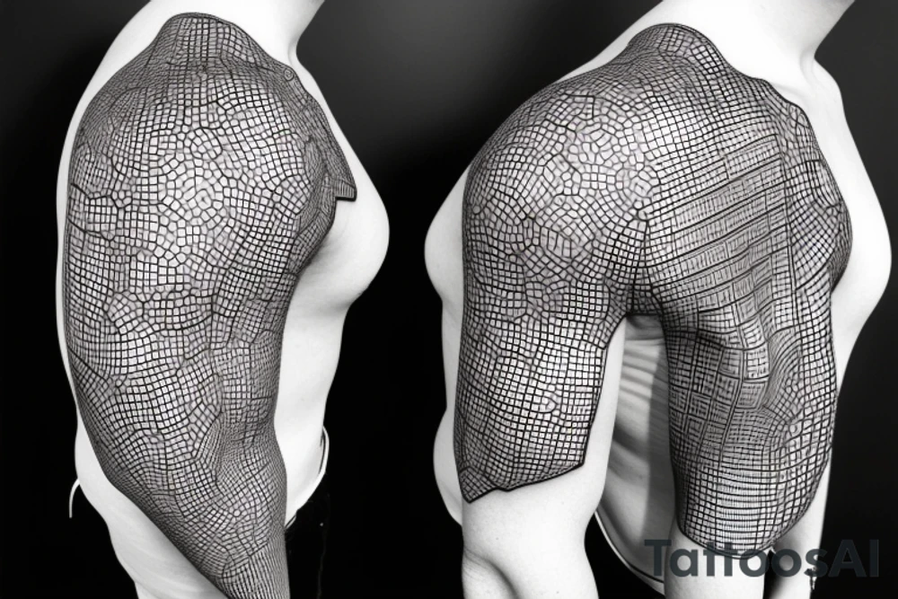 glowing robots coming together in a voronoi pattern on the shoulder with embedded vasculature tattoo idea