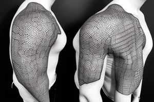 glowing robots coming together in a voronoi pattern on the shoulder with embedded vasculature tattoo idea