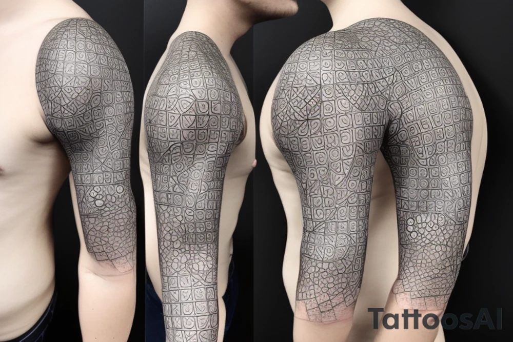 random robots coming together in a voronoi pattern on the shoulder with embedded vasculature tattoo idea