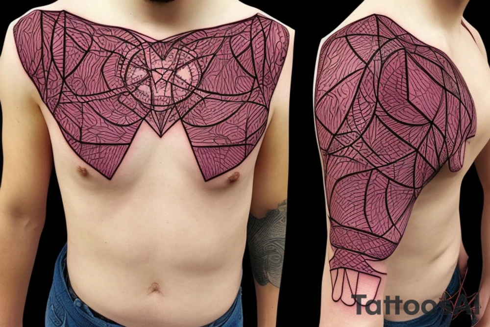 biological cells coming together in a geometric pattern on the shoulder with embedded vasculature tattoo idea