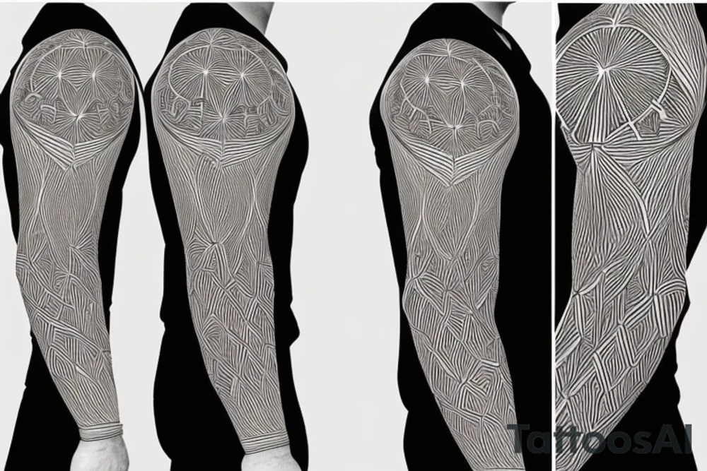 biological cells coming together in a geometric pattern on the shoulder with glowing vasculature tattoo idea