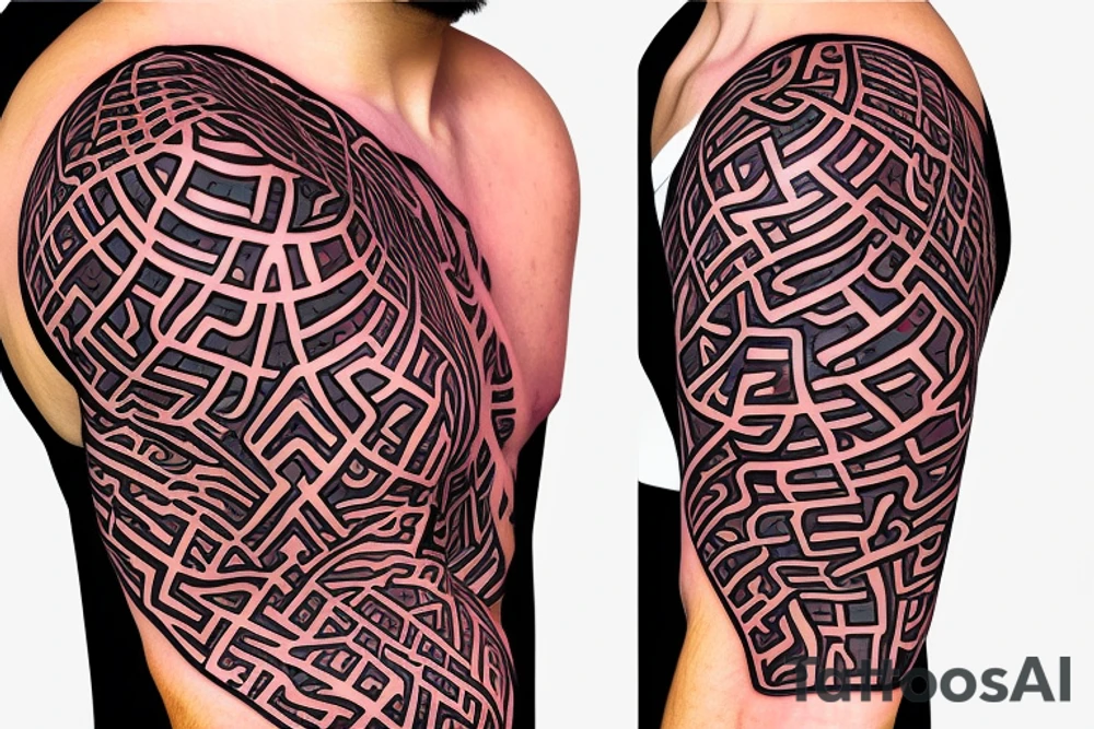 biological cells coming together in a geometric pattern on the shoulder with glowing vasculature tattoo idea