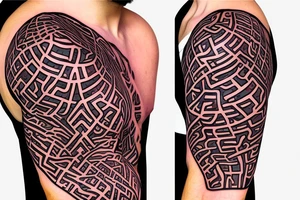 biological cells coming together in a geometric pattern on the shoulder with glowing vasculature tattoo idea